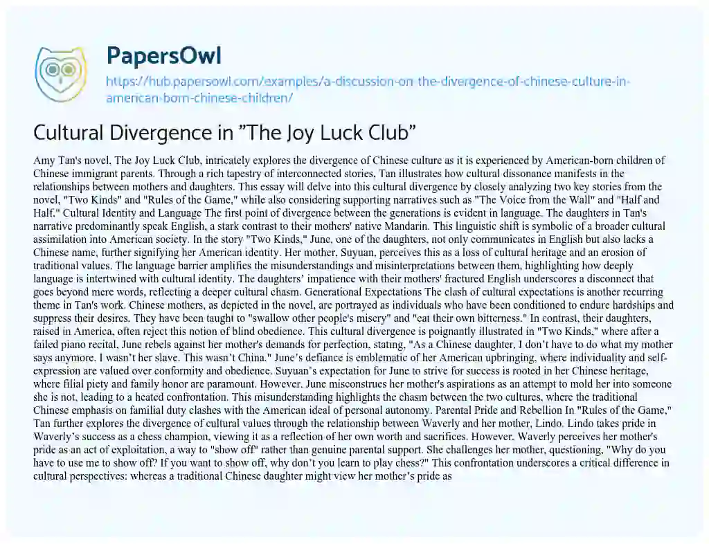 Essay on Cultural Divergence in “The Joy Luck Club”