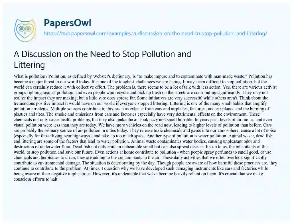 Essay on A Discussion on the Need to Stop Pollution and Littering