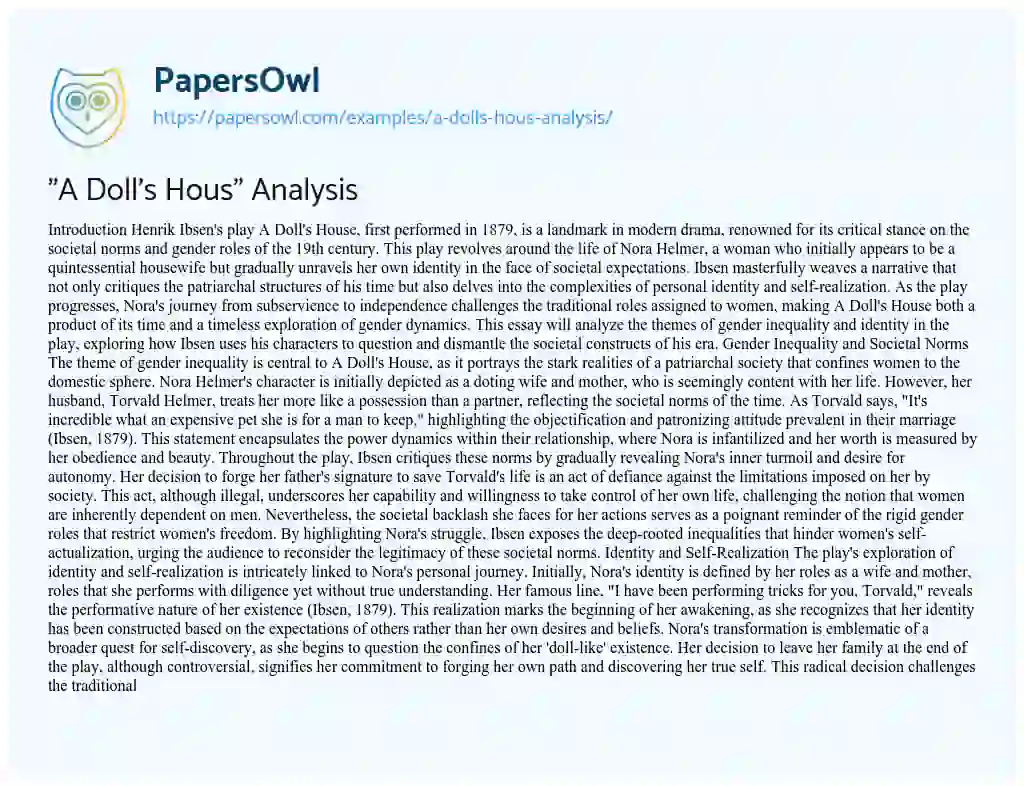 Essay on “A Doll’s Hous” Analysis