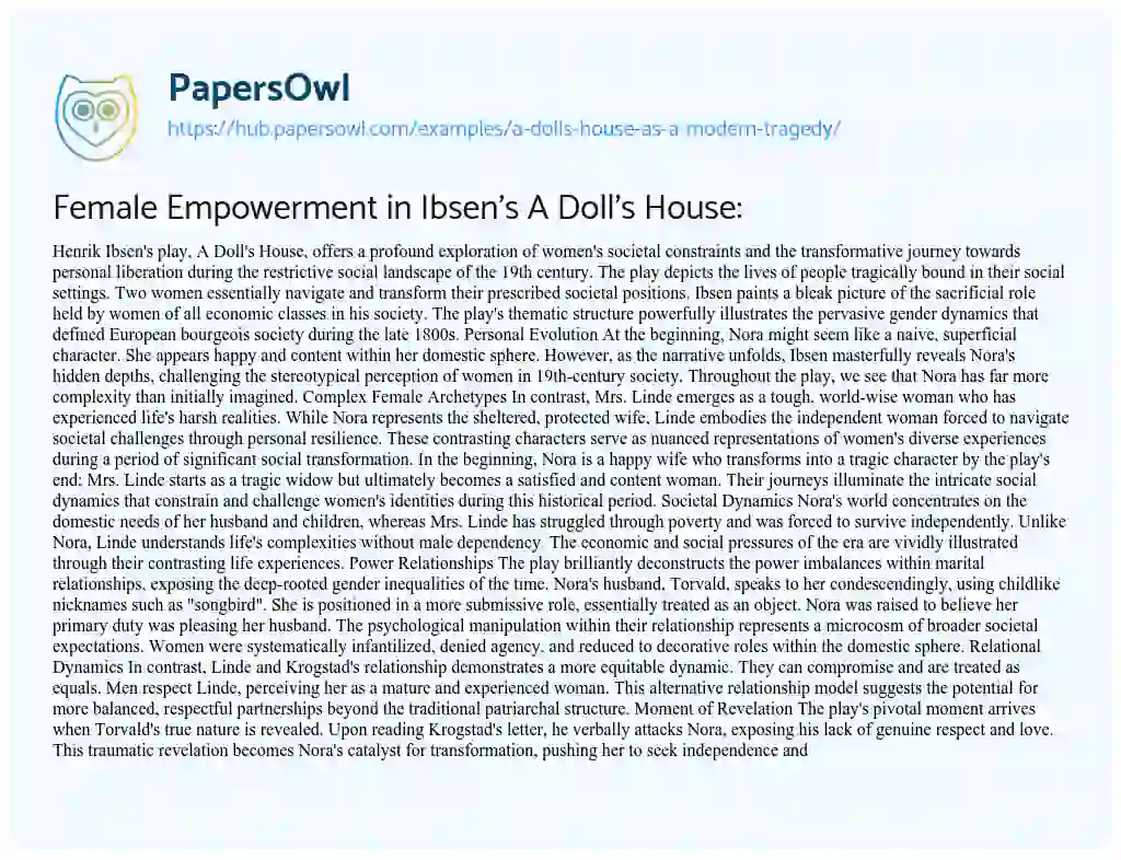 Essay on Female Empowerment in Ibsen’s A Doll’s House: