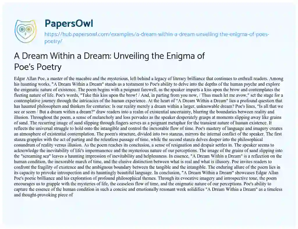 Essay on A Dream Within a Dream: Unveiling the Enigma of Poe’s Poetry