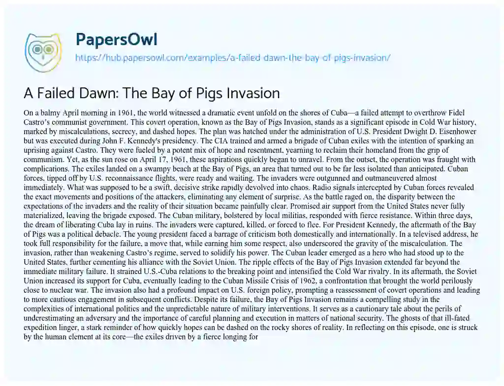 Essay on A Failed Dawn: The Bay of Pigs Invasion