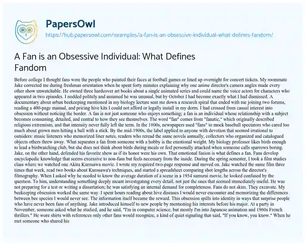 Essay on A Fan is an Obsessive Individual: What Defines Fandom