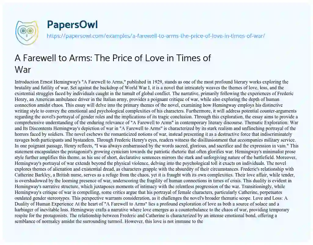 Essay on A Farewell to Arms: The Price of Love in Times of War