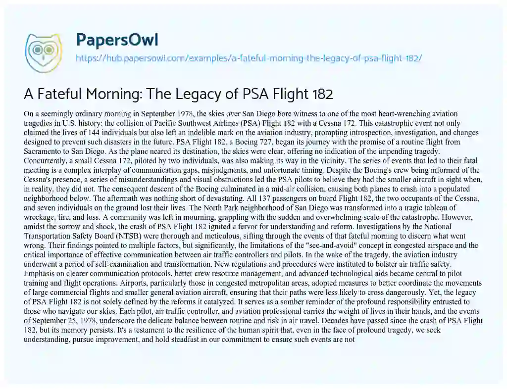 Essay on A Fateful Morning: The Legacy of PSA Flight 182