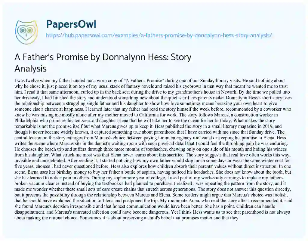 Essay on A Father’s Promise by Donnalynn Hess: Story Analysis