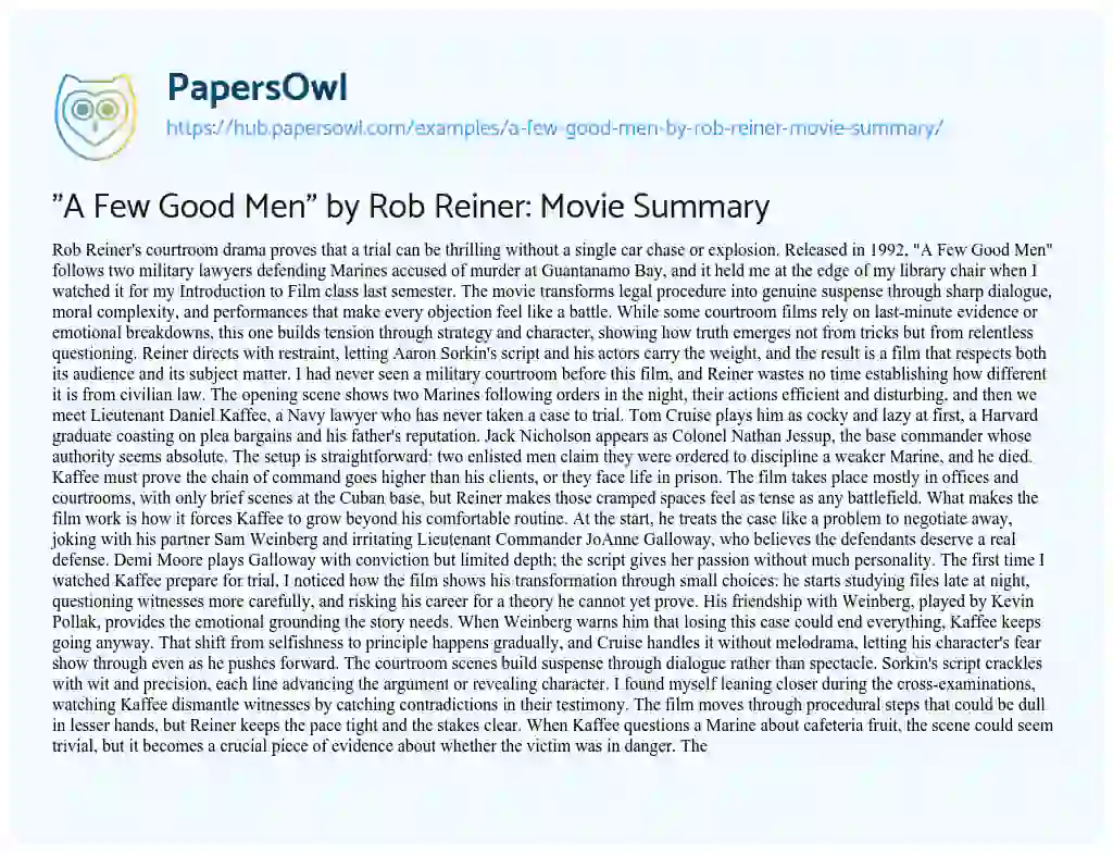 Essay on “A Few Good Men” by Rob Reiner: Movie Summary
