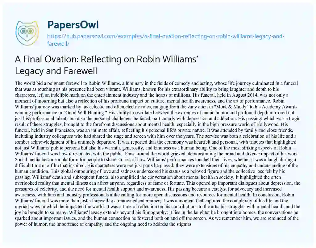 Essay on A Final Ovation: Reflecting on Robin Williams’ Legacy and Farewell