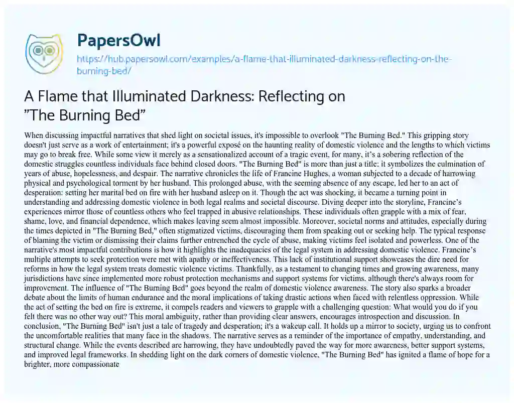 Essay on A Flame that Illuminated Darkness: Reflecting on “The Burning Bed”