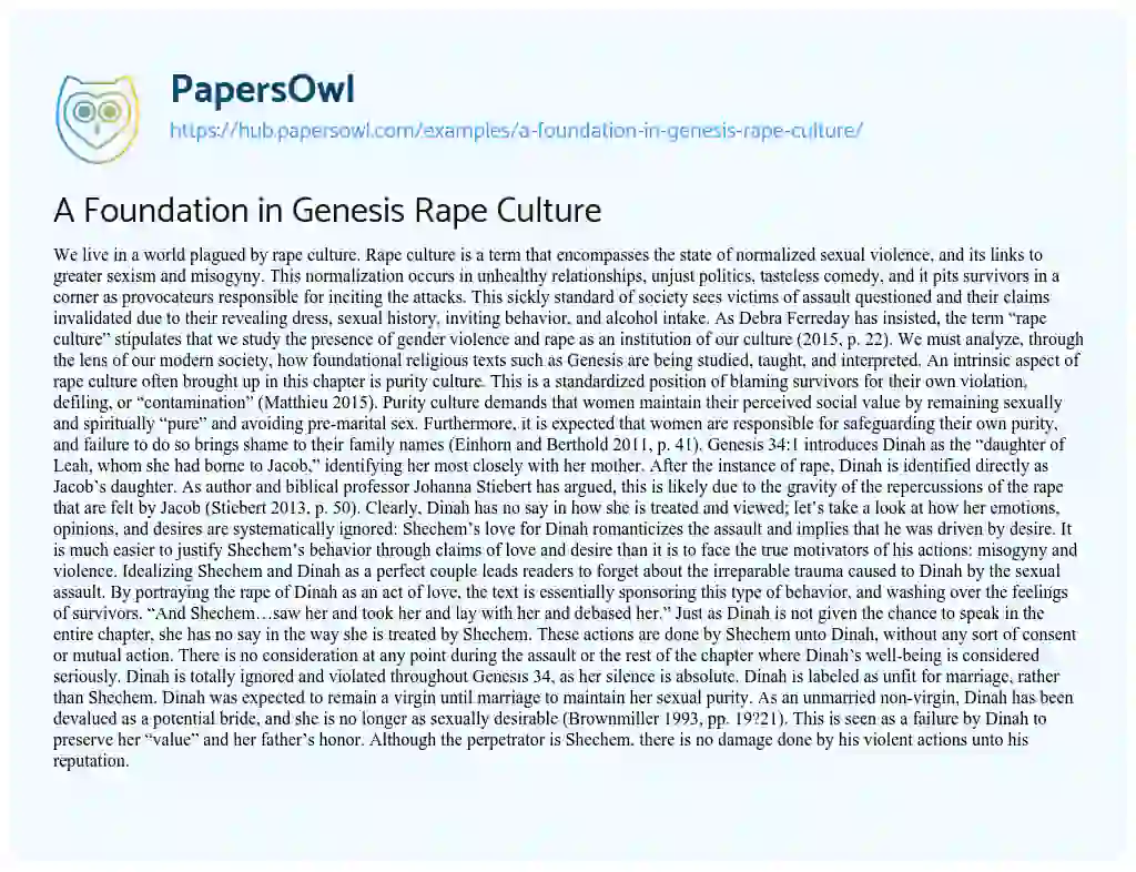 Essay on A Foundation in Genesis Rape Culture