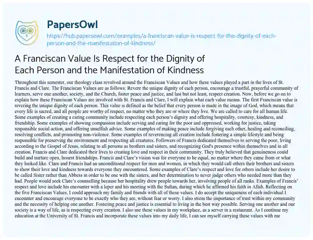 Essay on A Franciscan Value Is Respect for the Dignity of Each Person and the Manifestation of Kindness