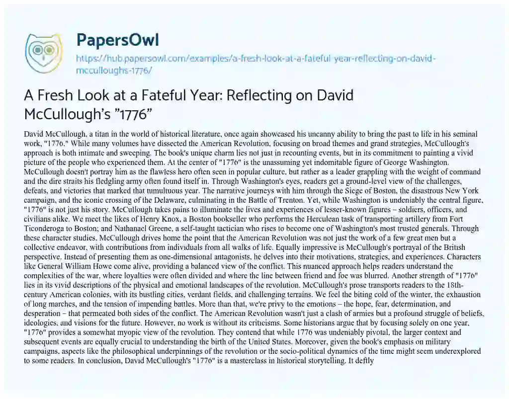 Essay on A Fresh Look at a Fateful Year: Reflecting on David McCullough’s “1776”