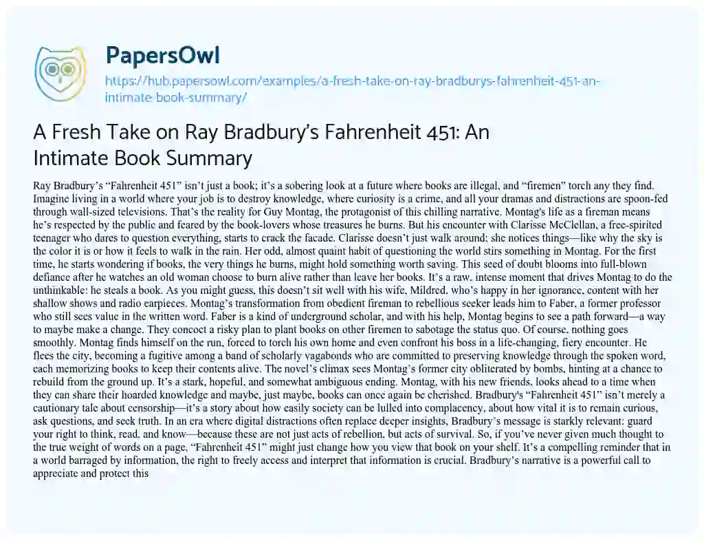Essay on A Fresh Take on Ray Bradbury’s Fahrenheit 451: An Intimate Book Summary