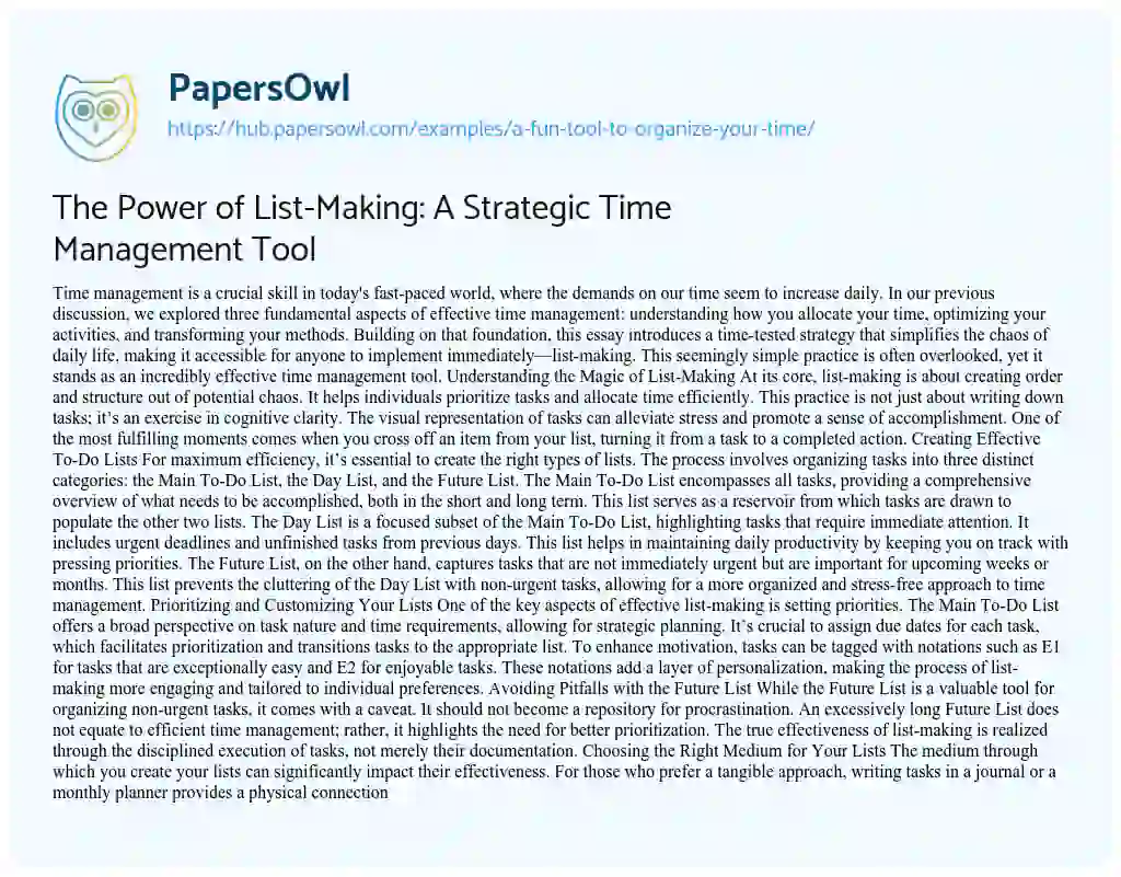 Essay on The Power of List-Making: A Strategic Time Management Tool