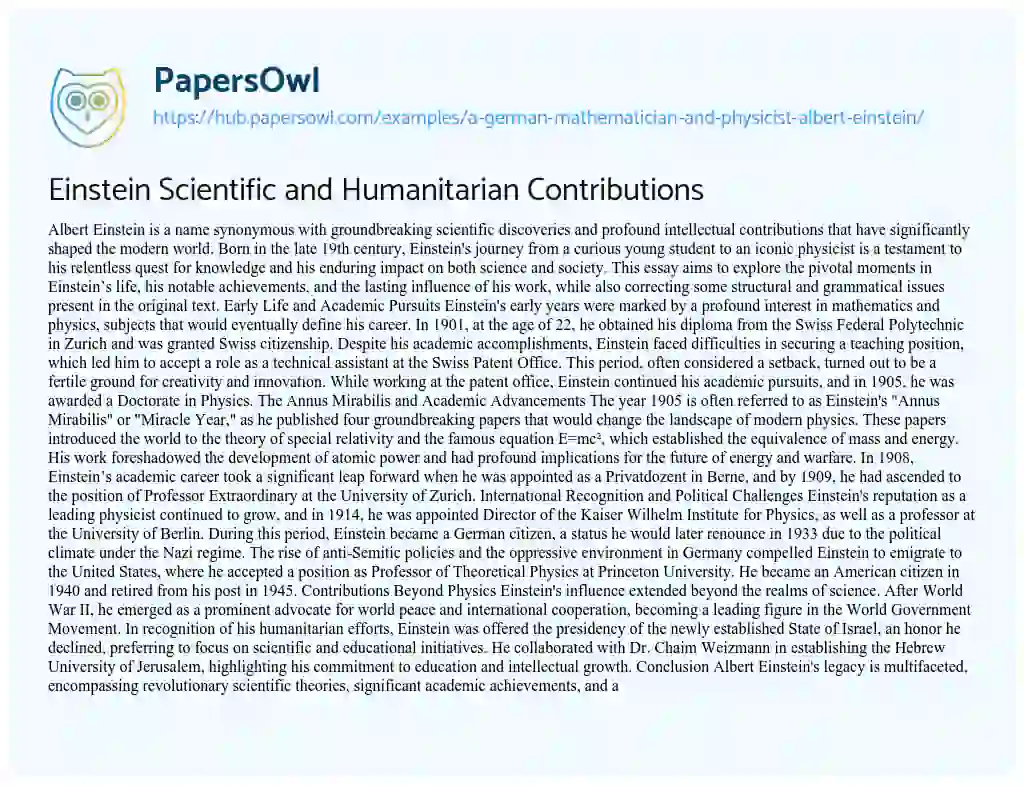 Essay on Einstein Scientific and Humanitarian Contributions