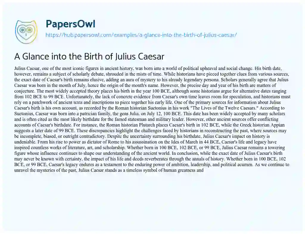 Essay on A Glance into the Birth of Julius Caesar