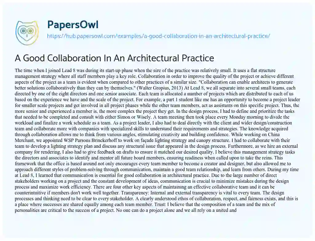 Essay on A Good Collaboration In An Architectural Practice