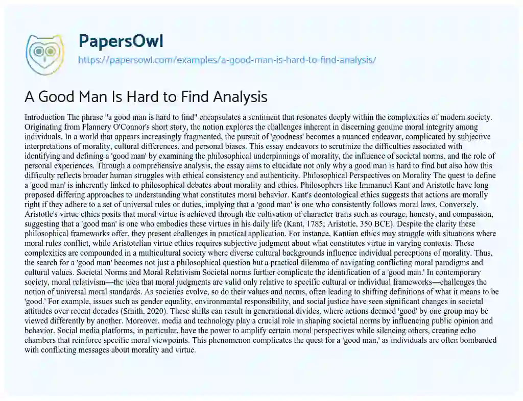 Essay on A Good Man Is Hard to Find Analysis