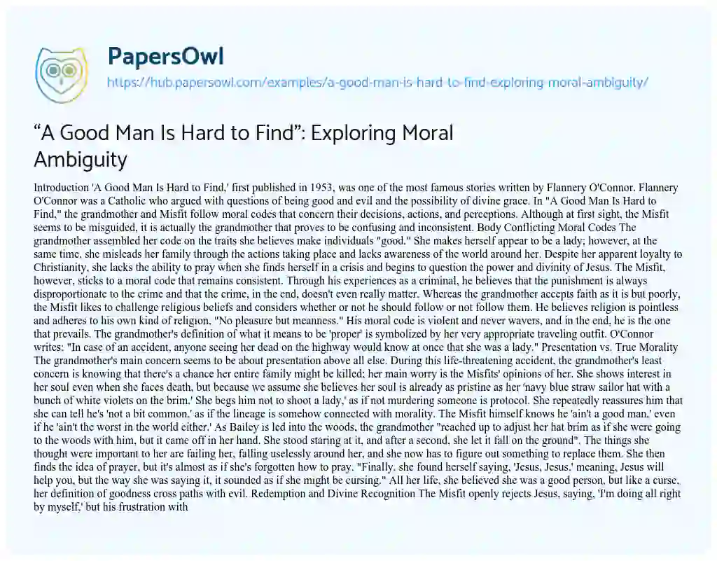 Essay on “A Good Man Is Hard to Find”: Exploring Moral Ambiguity