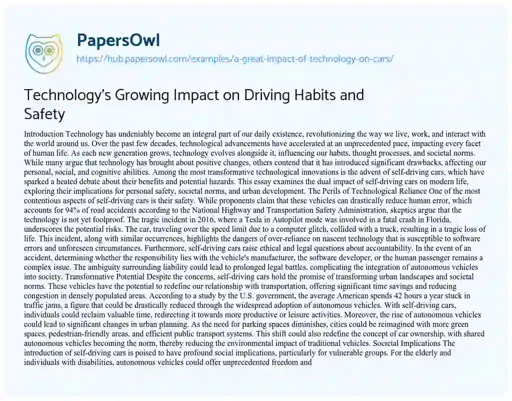 Essay on Technology’s Growing Impact on Driving Habits and Safety