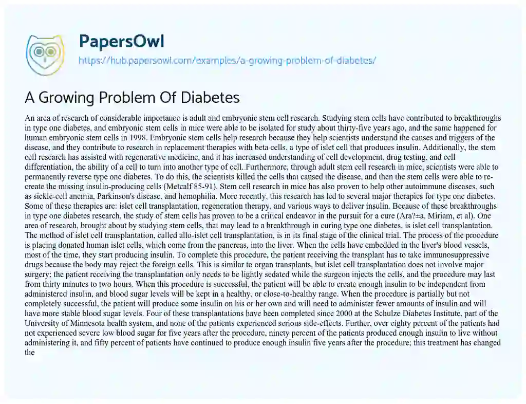 Essay on A Growing Problem Of Diabetes