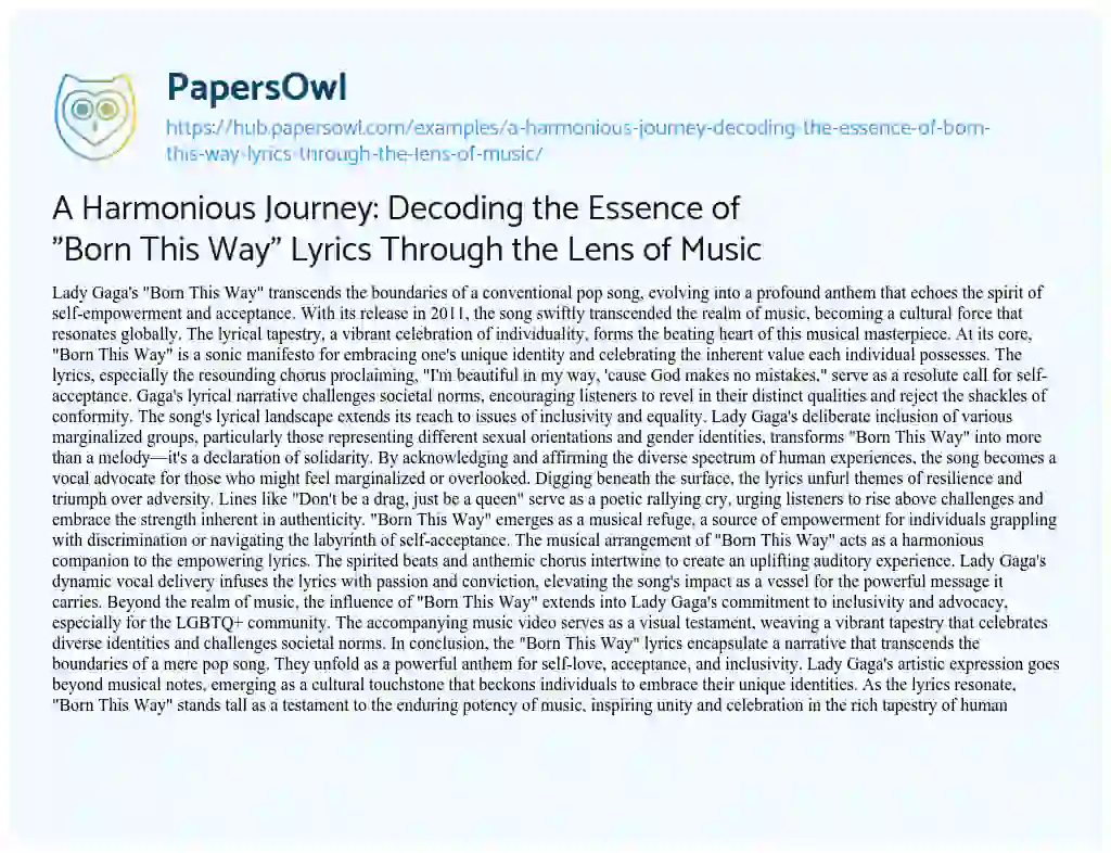 Essay on A Harmonious Journey: Decoding the Essence of “Born This Way” Lyrics Through the Lens of Music