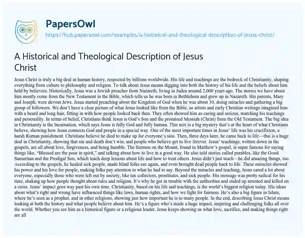Essay on A Historical and Theological Description of Jesus Christ