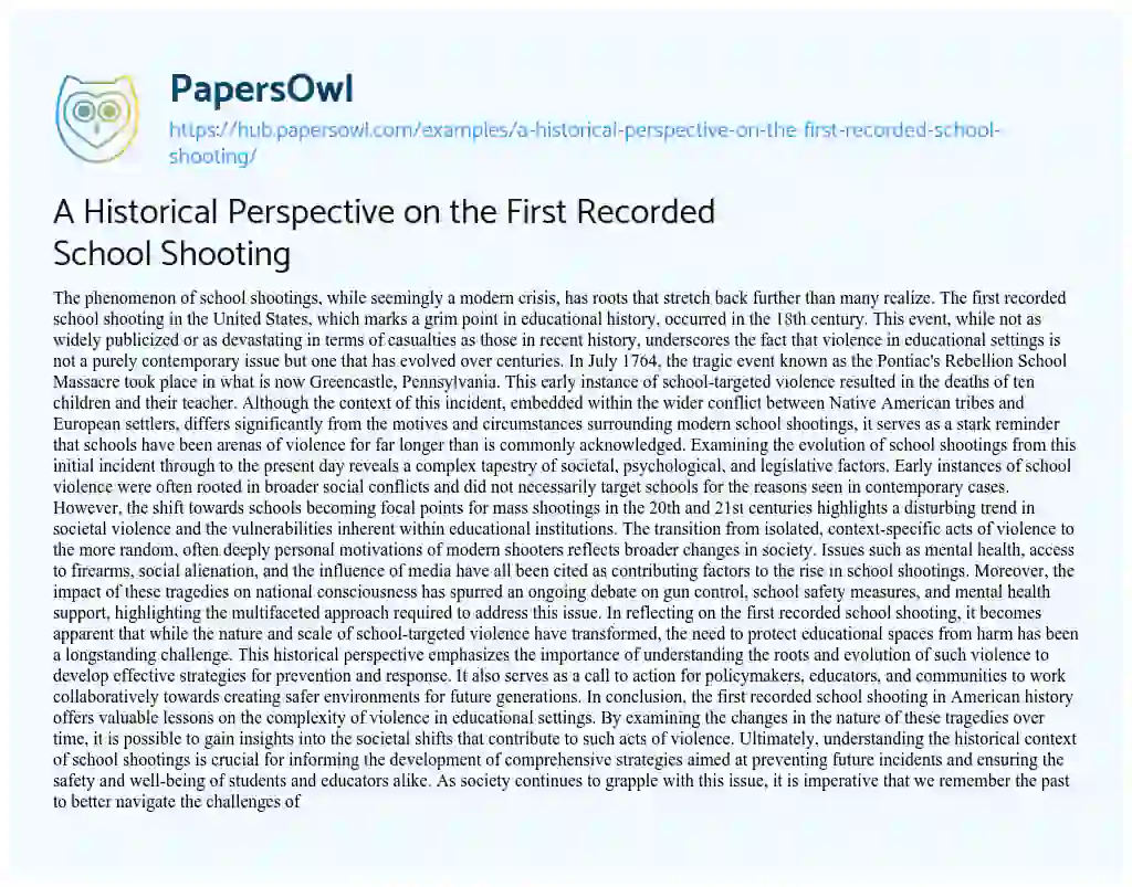 Essay on A Historical Perspective on the First Recorded School Shooting