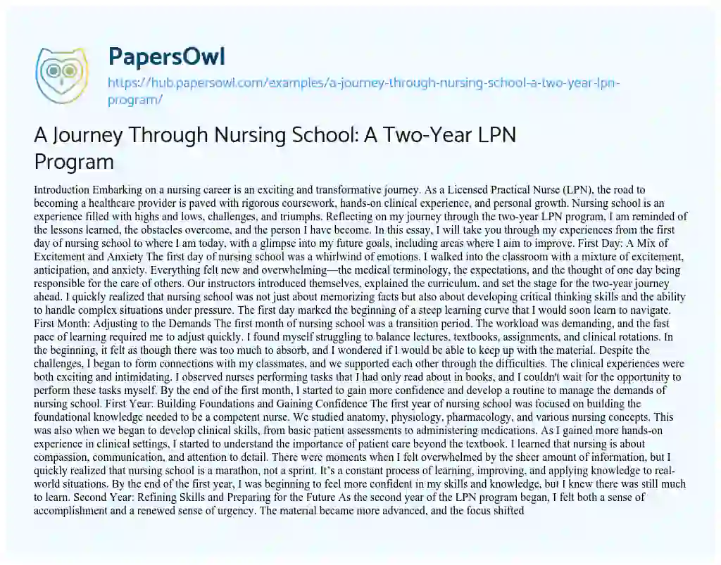 Essay on A Journey Through Nursing School: A Two-Year LPN Program