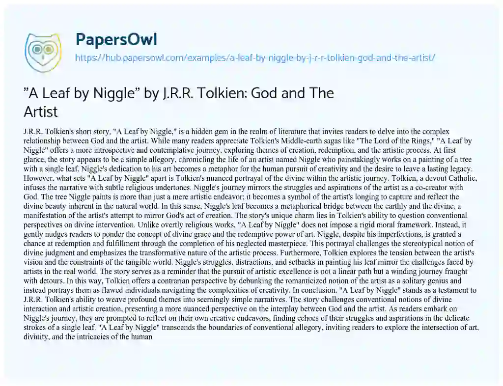 Essay on “A Leaf by Niggle” by J.R.R. Tolkien: God and The Artist