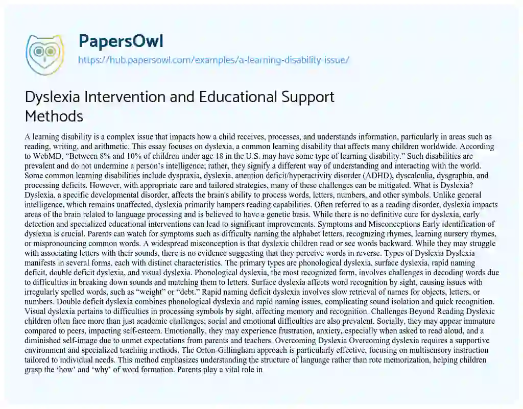Essay on Dyslexia Intervention and Educational Support Methods