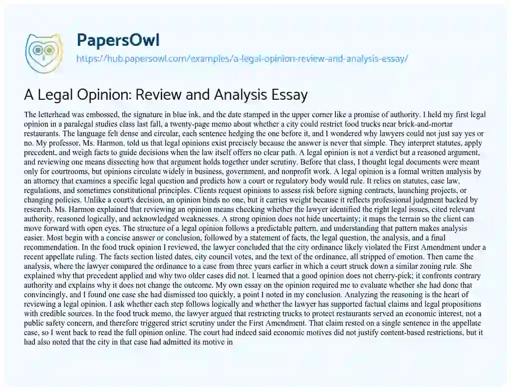 Essay on A Legal Opinion: Review and Analysis Essay