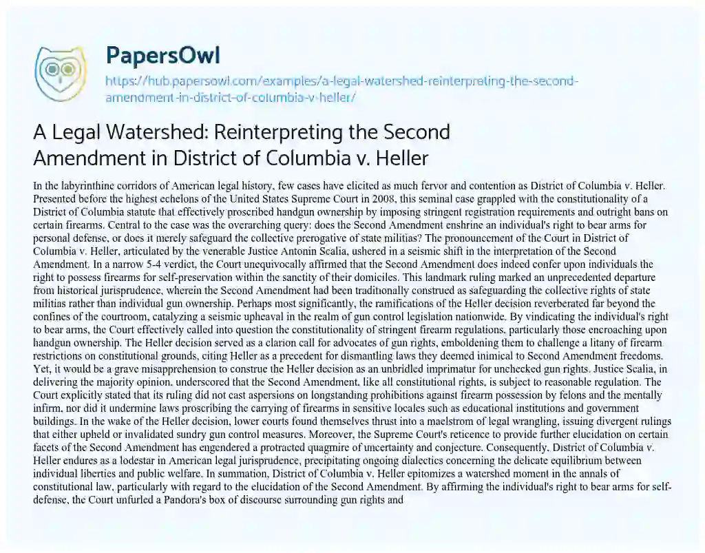Essay on A Legal Watershed: Reinterpreting the Second Amendment in District of Columbia v. Heller