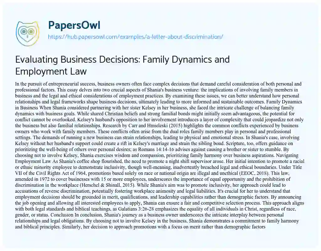 Essay on Evaluating Business Decisions: Family Dynamics and Employment Law