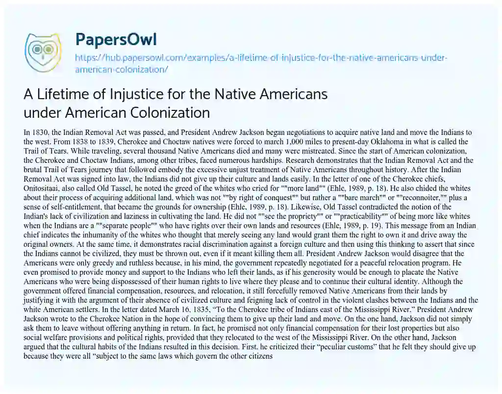 Essay on A Lifetime of Injustice for the Native Americans under American Colonization