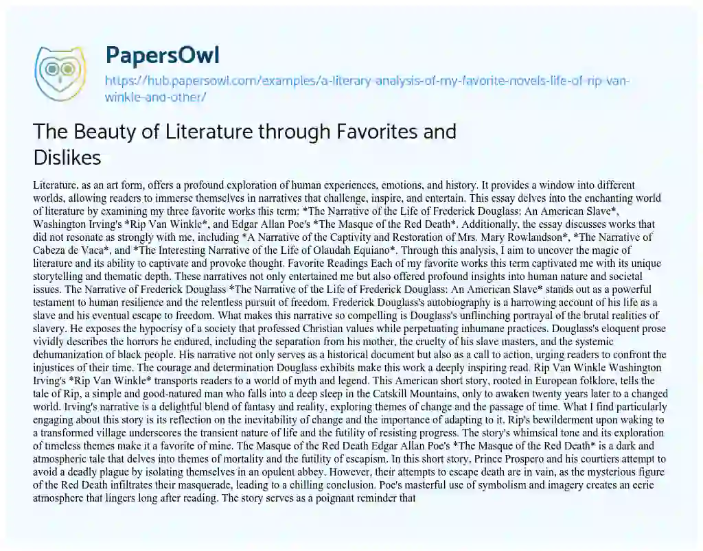 Essay on The Beauty of Literature through Favorites and Dislikes