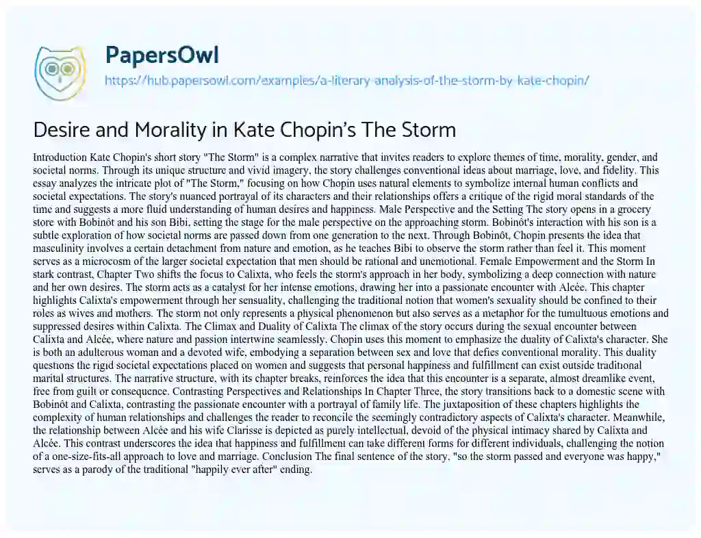 Essay on Desire and Morality in Kate Chopin’s The Storm