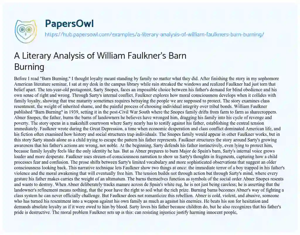 Essay on A Literary Analysis of William Faulkner’s Barn Burning