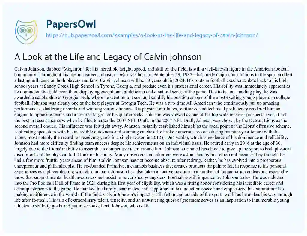 Essay on A Look at the Life and Legacy of Calvin Johnson