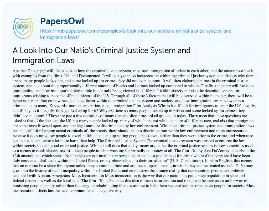 Essay on A Look Into Our Natio’s Criminal Justice System and Immigration Laws