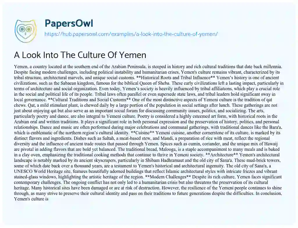Essay on A Look Into The Culture Of Yemen