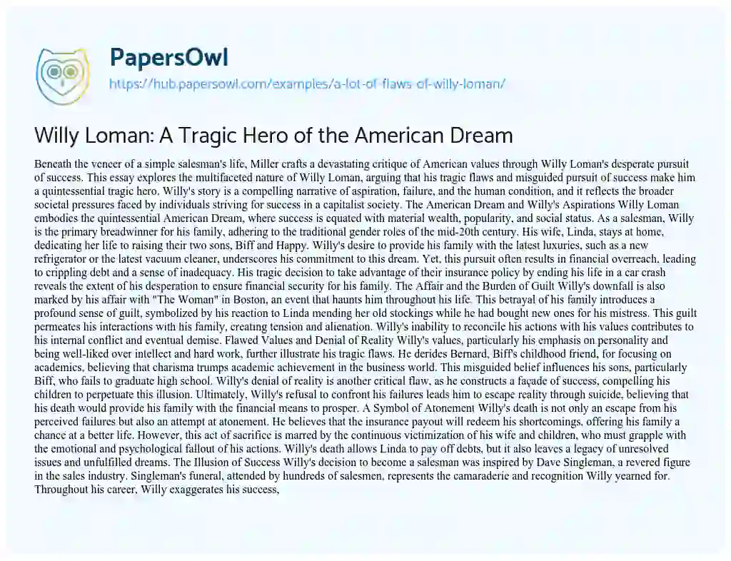 Essay on Willy Loman: A Tragic Hero of the American Dream