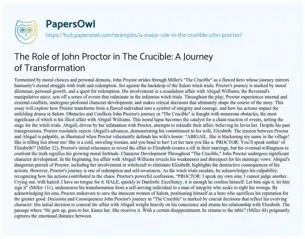 Essay on The Role of John Proctor in The Crucible: A Journey of Transformation