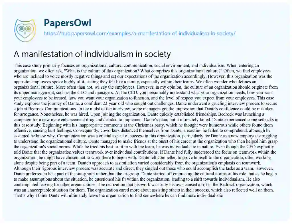 Essay on A manifestation of individualism in society