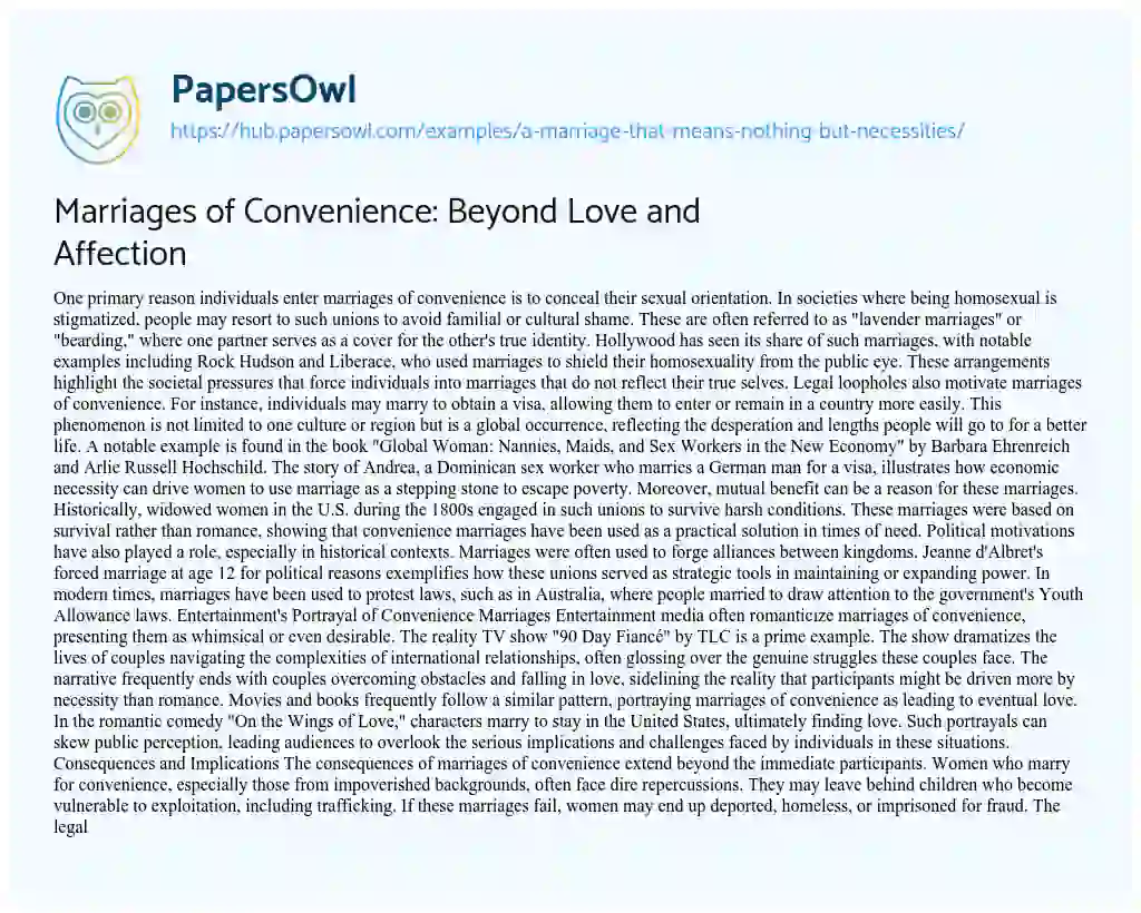 Essay on Marriages of Convenience: Beyond Love and Affection