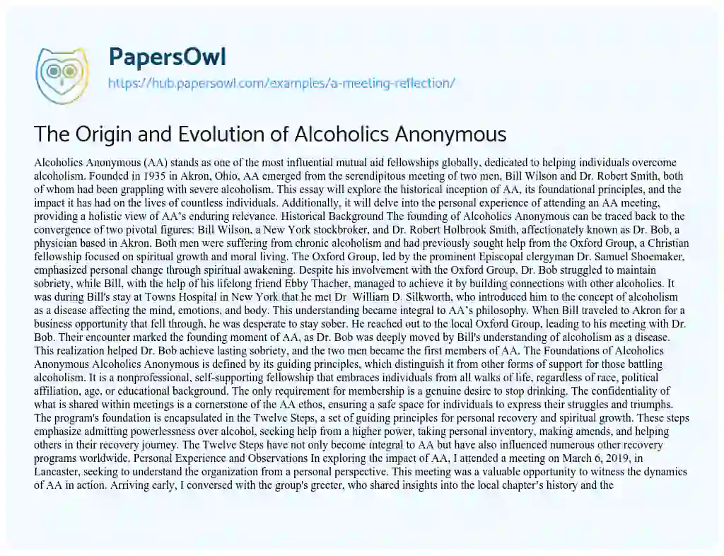Essay on The Origin and Evolution of Alcoholics Anonymous