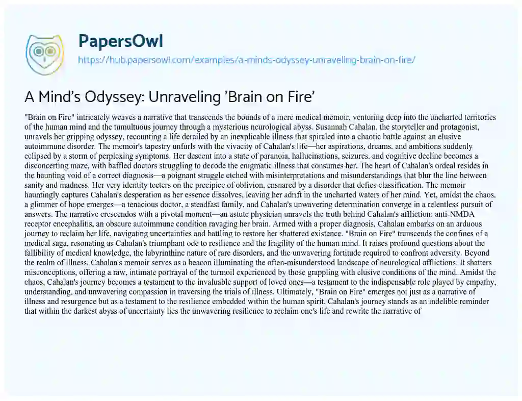 Essay on A Mind’s Odyssey: Unraveling ‘Brain on Fire’