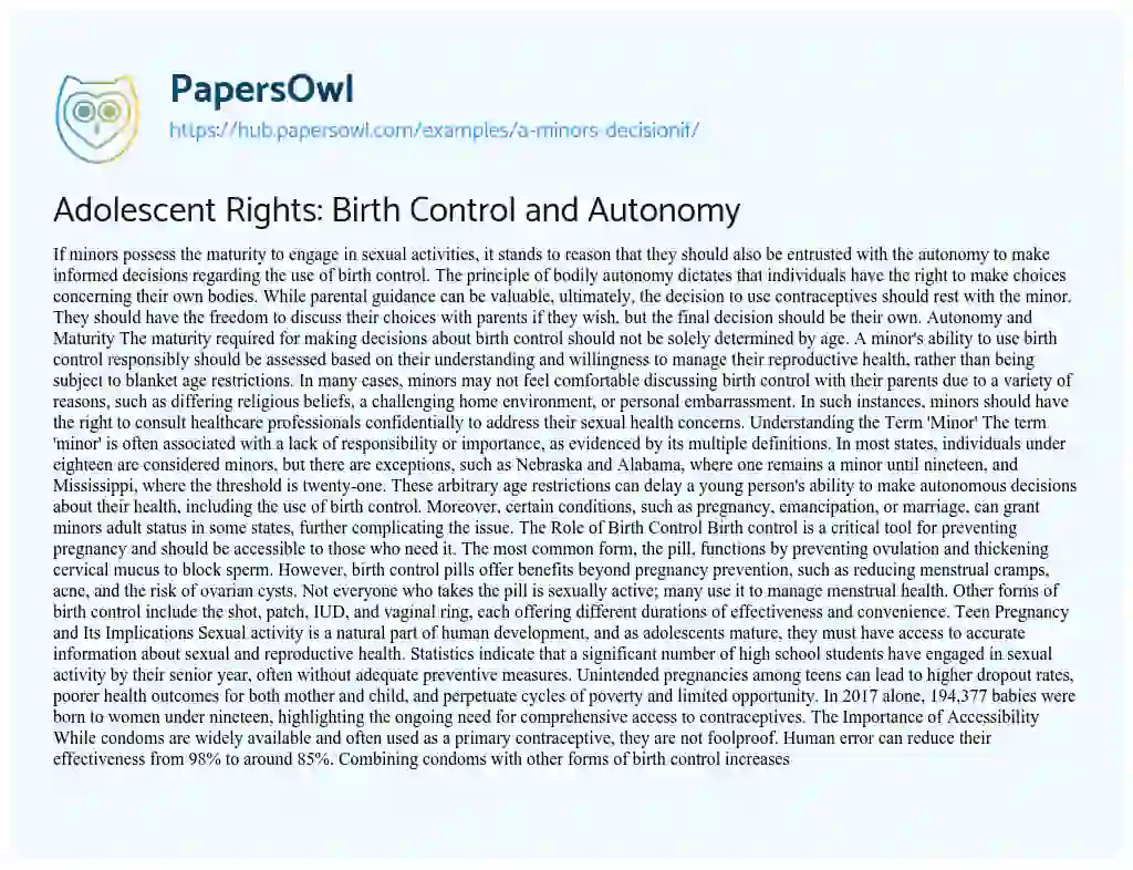 Essay on Adolescent Rights: Birth Control and Autonomy