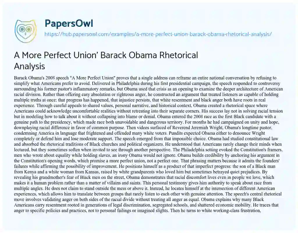 Essay on A More Perfect Union’ Barack Obama Rhetorical Analysis