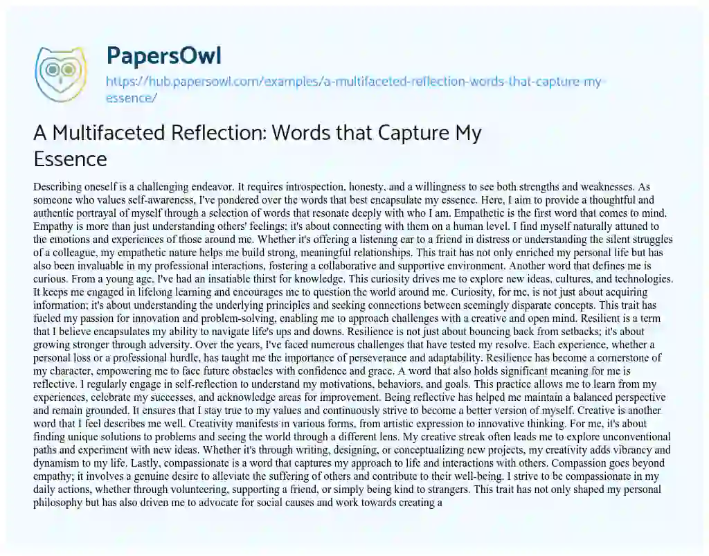 Essay on A Multifaceted Reflection: Words that Capture My Essence